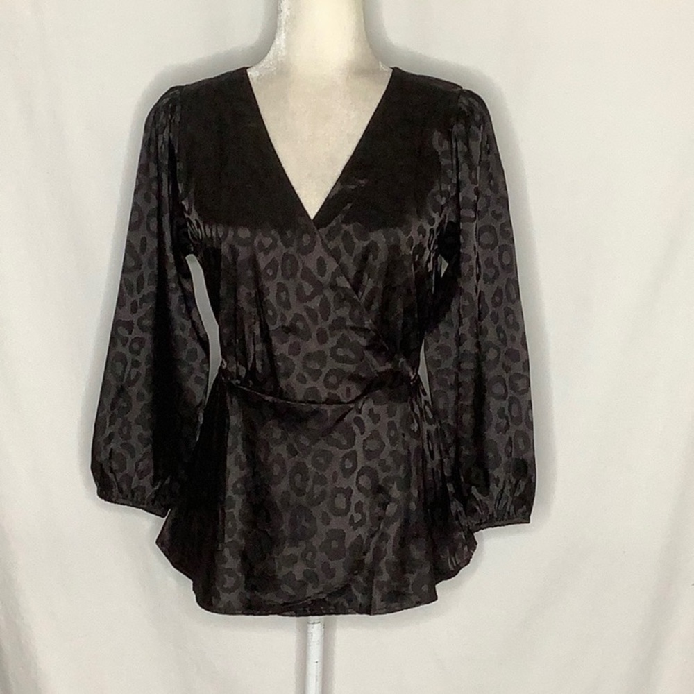 Black Satin Leopard Print Puff Sleeve Faux Wrap Blouse Size S